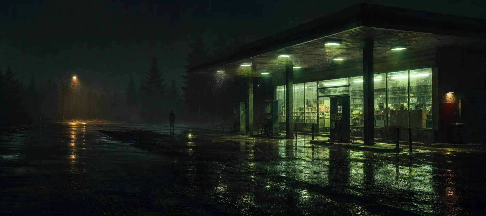 A rain-soaked gas station at night